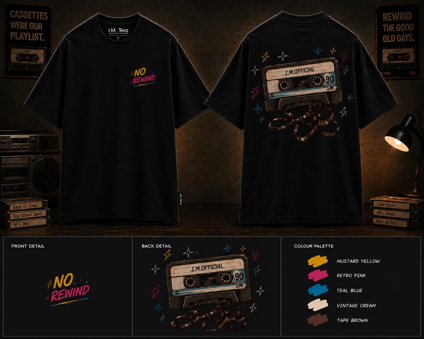 "NO REWIND CASSETTE" Graphic Premium T-Shirt - Image 3